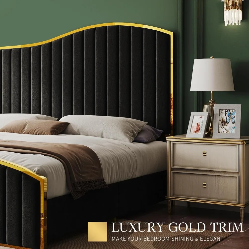 61.4" High Queen SizeHeadboard Platform Bed with Velvet Upholstry with Gold Trim , Bedroom Queen Bed Frame