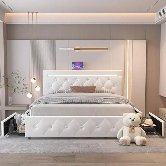 Full Size Bed Frame with 4 Drawers and LED Lighting
