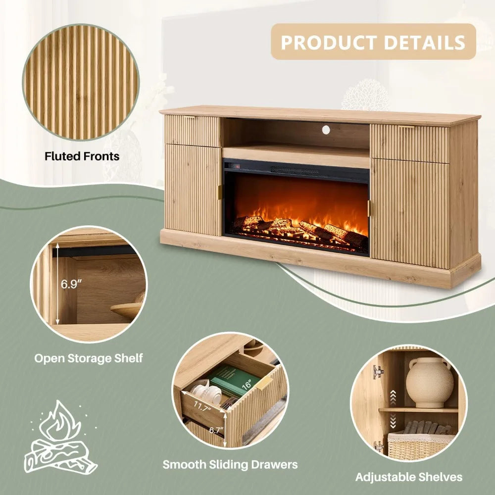 Fluted Wood Fireplace TV Stand Entertainment Center with Adjustable Shelves