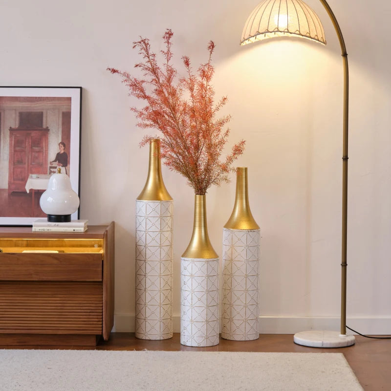 Floor Decorated White Glazed Metal Vases Set Of 3
