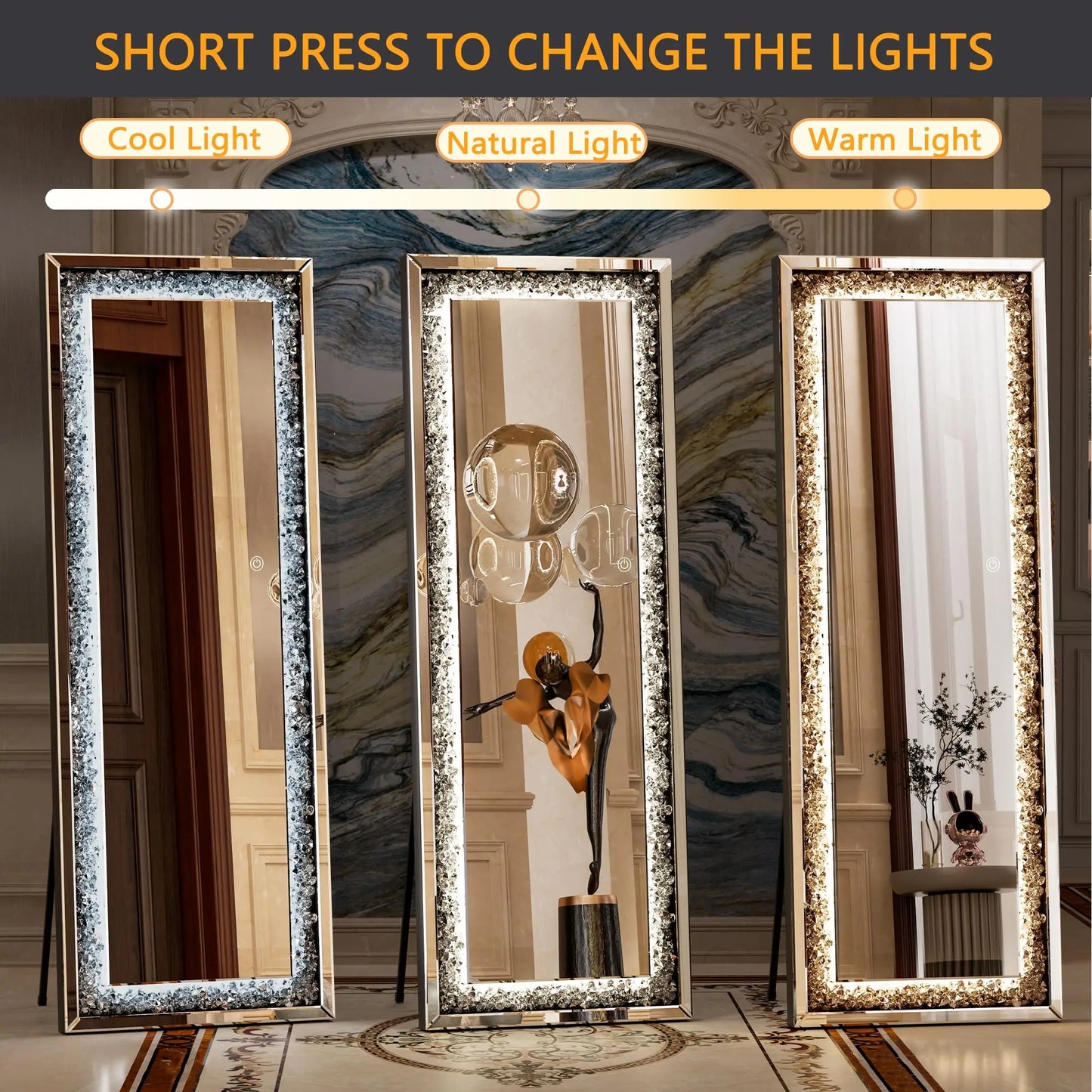 Full-Length Mirror 63×20 inch with Lights and Crystal Crush Diamond Inlay