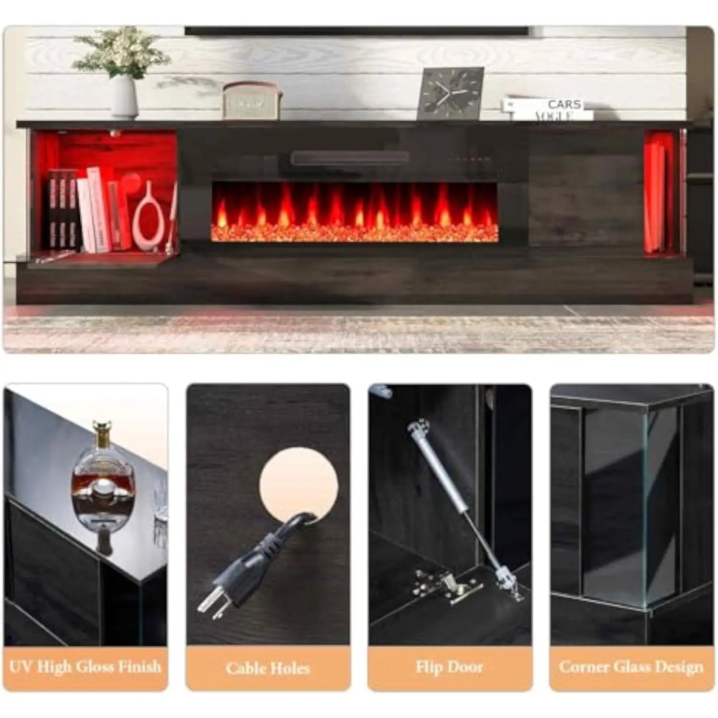 Glossy Oak Fireplace TV Stand w/36in. Fireplace for TVs up to 80in.