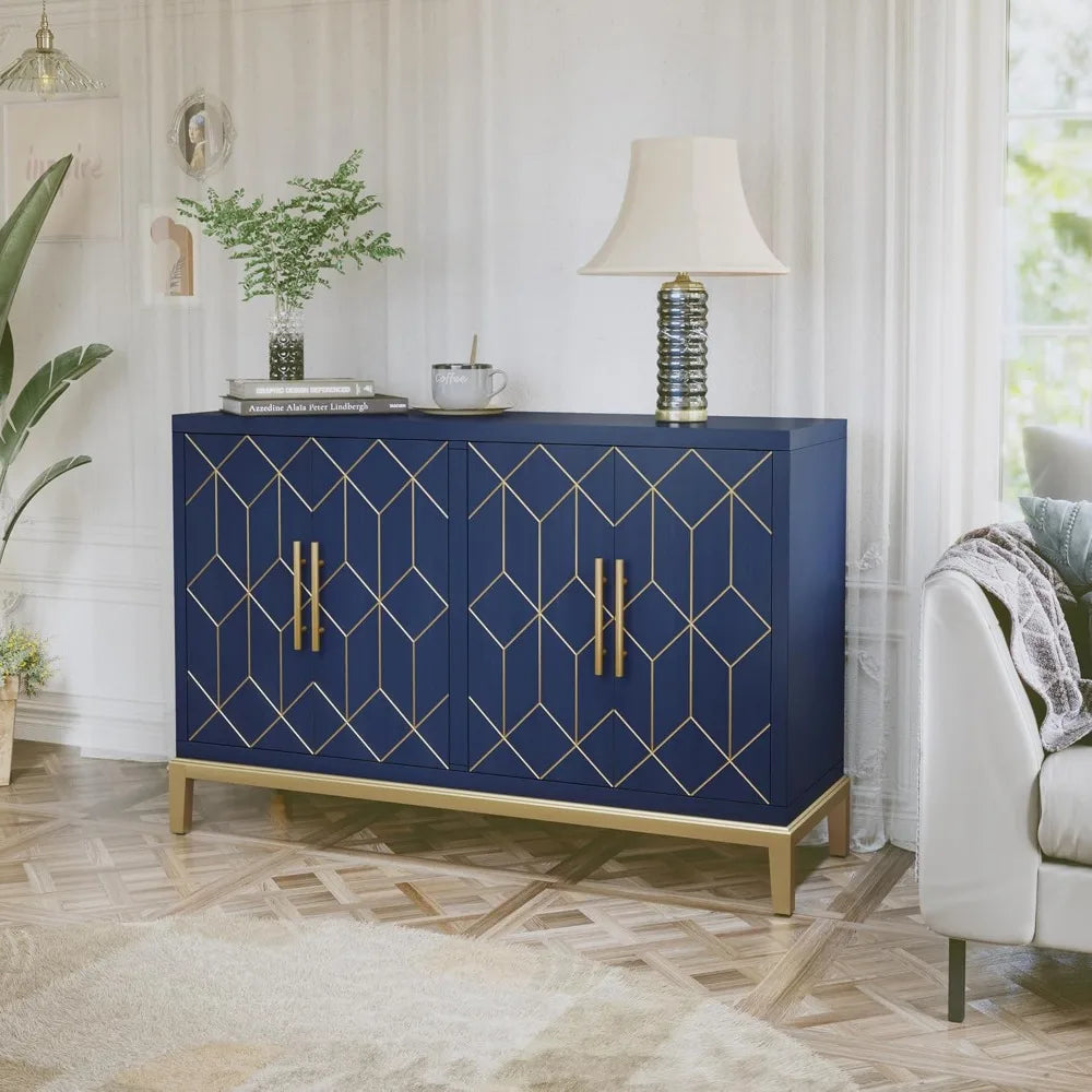 Accent Sideboard Cabinet with Gold Trim 4 Doors and Shelves