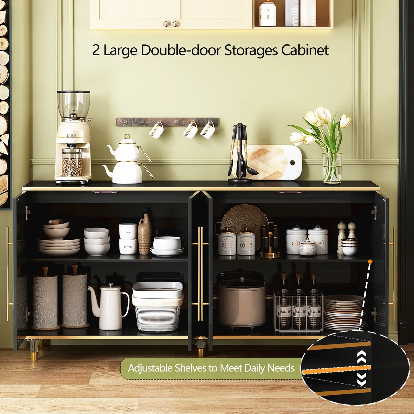 Luxury 63" Buffet Sideboard Cabinet with Adjustable Shelves