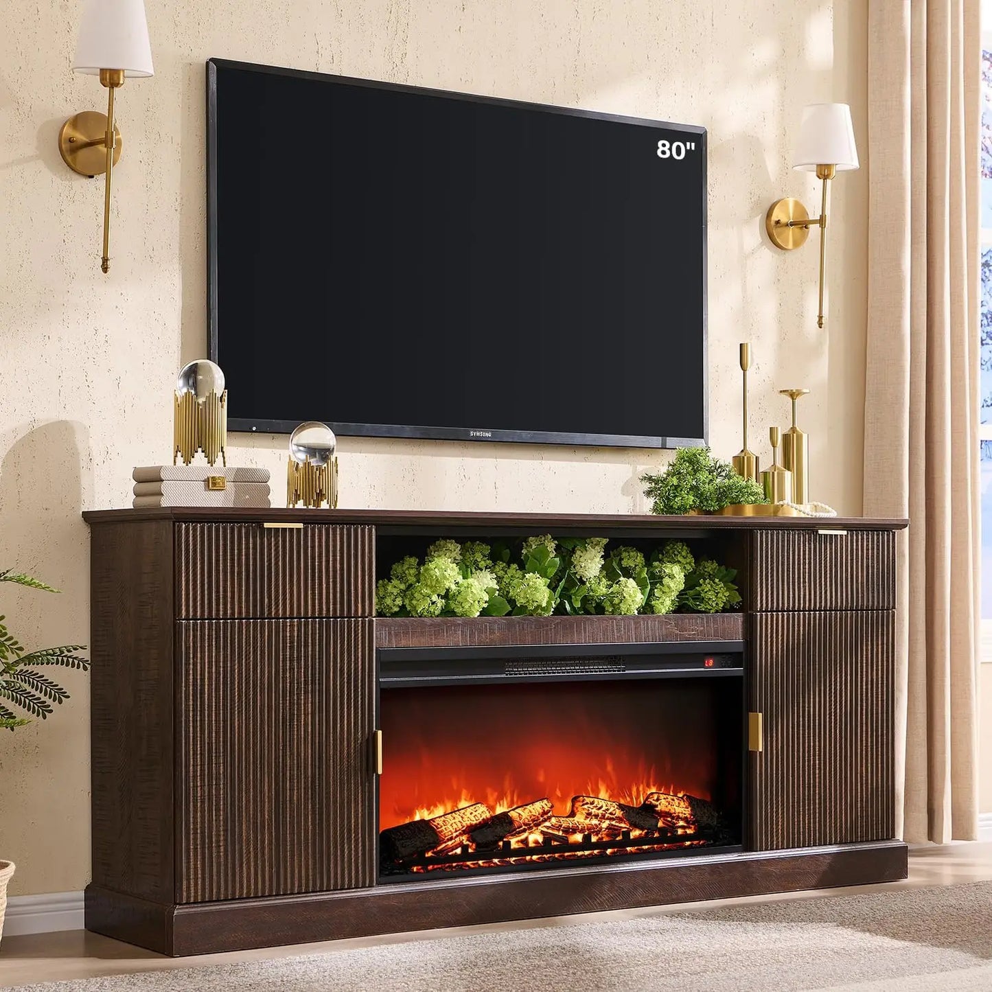 Fluted Wood Fireplace TV Stand Entertainment Center with Adjustable Shelves