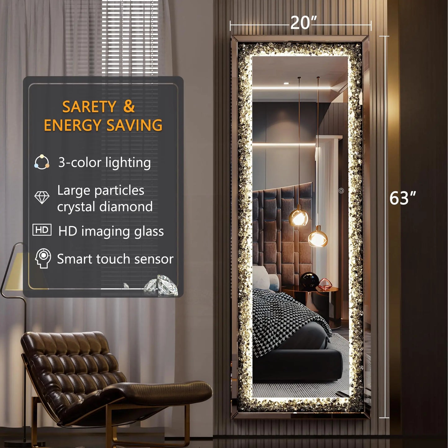 Full-Length Mirror 63×20 inch with Lights and Crystal Crush Diamond Inlay