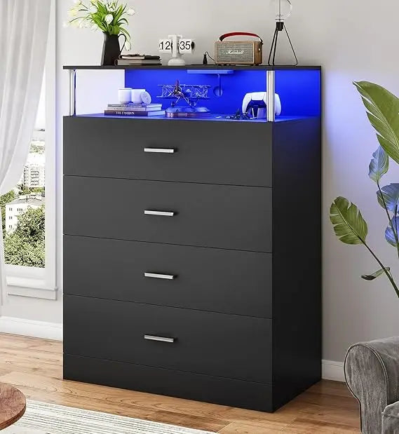 LED Tall Black 4 Drawer Dresser with Charging Station