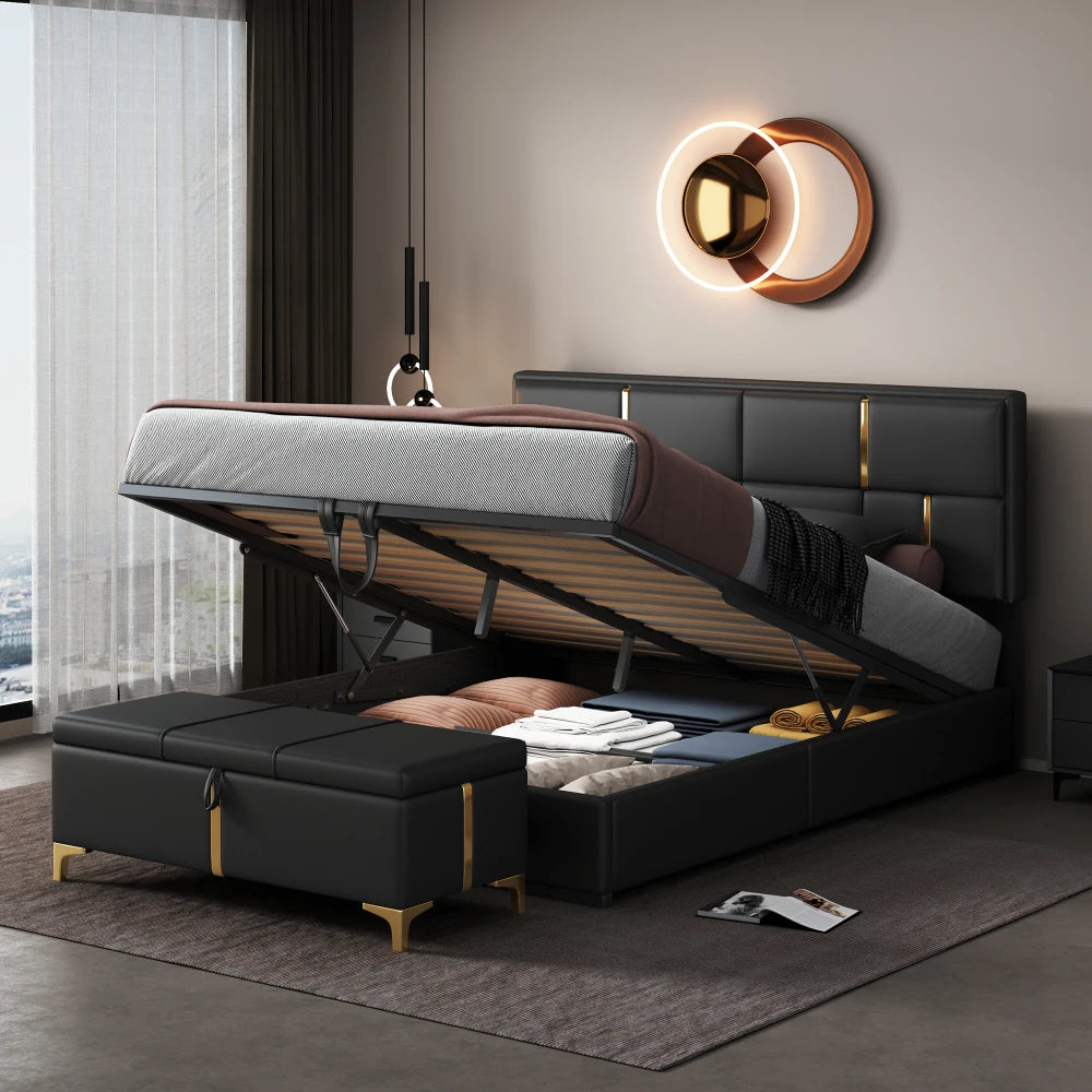 Queen Size Upholstered Platform Bed with Ottoman