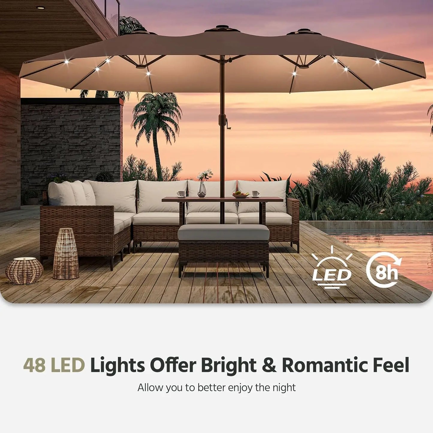 15ft Large Patio Umbrella with Solar Lights