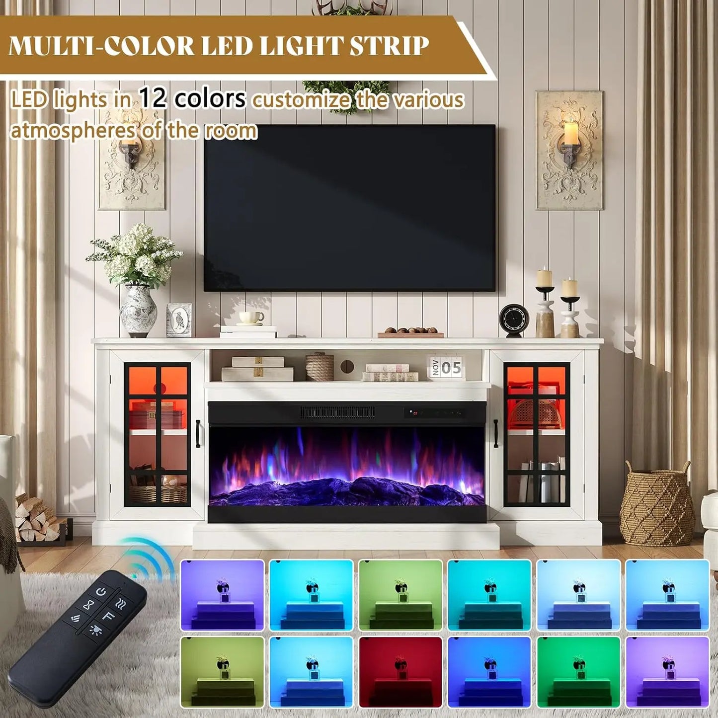 75" Rustic Fireplace TV Stand w/ 3-Side Glass & LED Lights