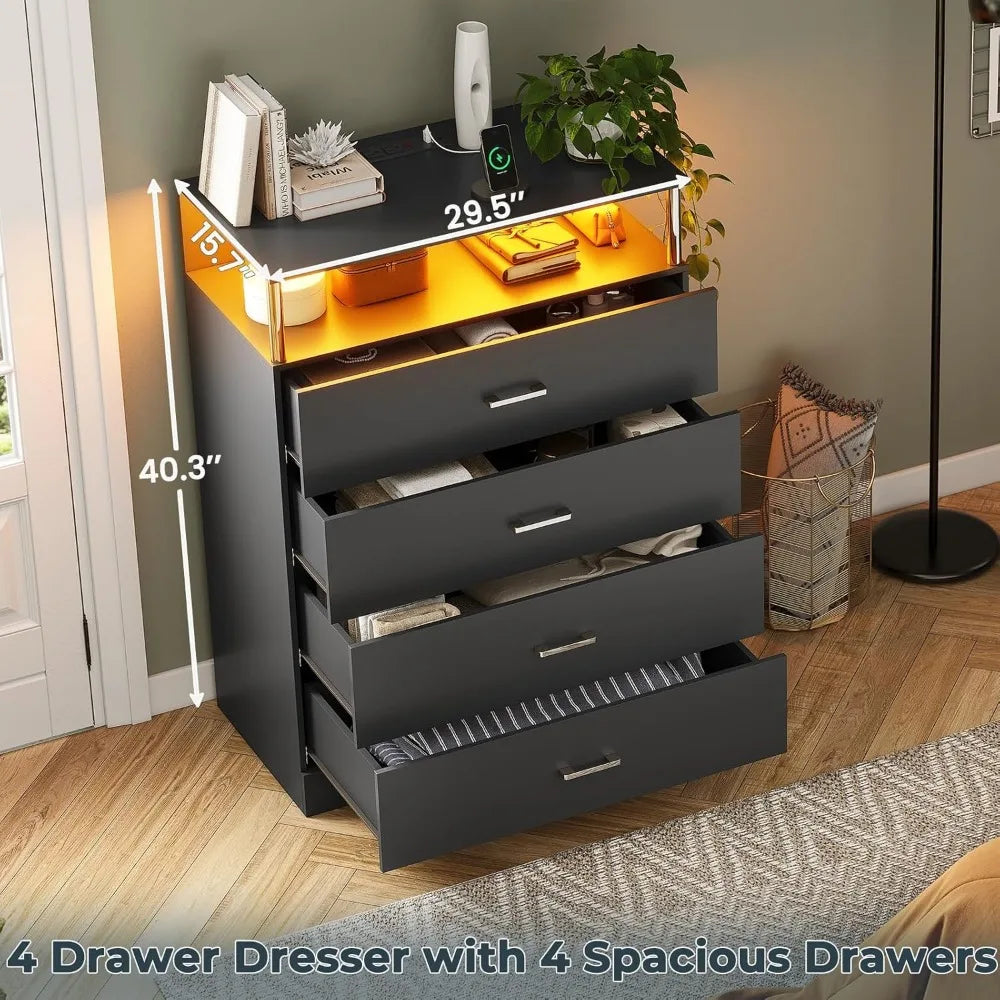LED Tall Black 4 Drawer Dresser with Charging Station