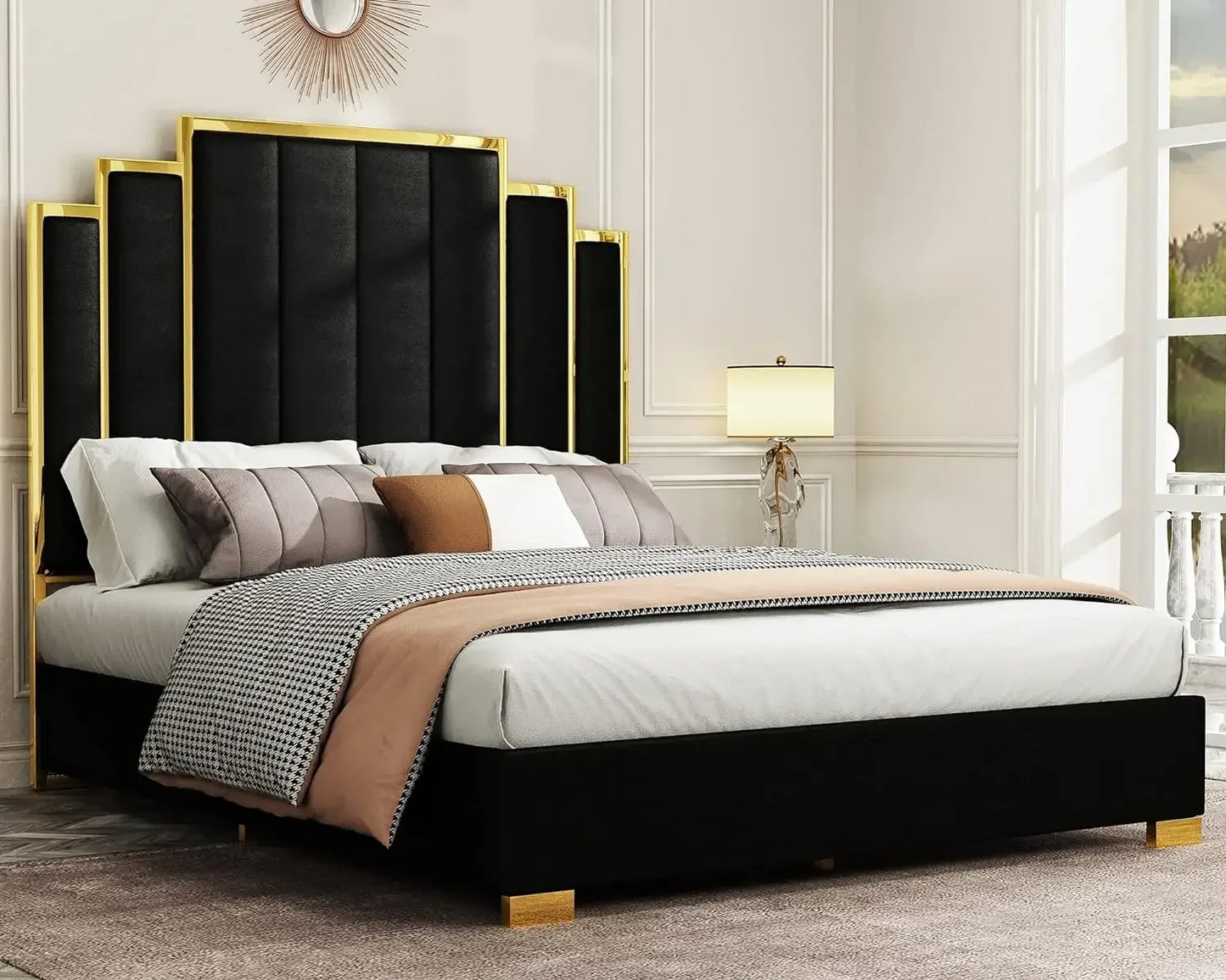 66in. Velvet Upholstered Bed with Gold Trim Headboard & Wooden Slats