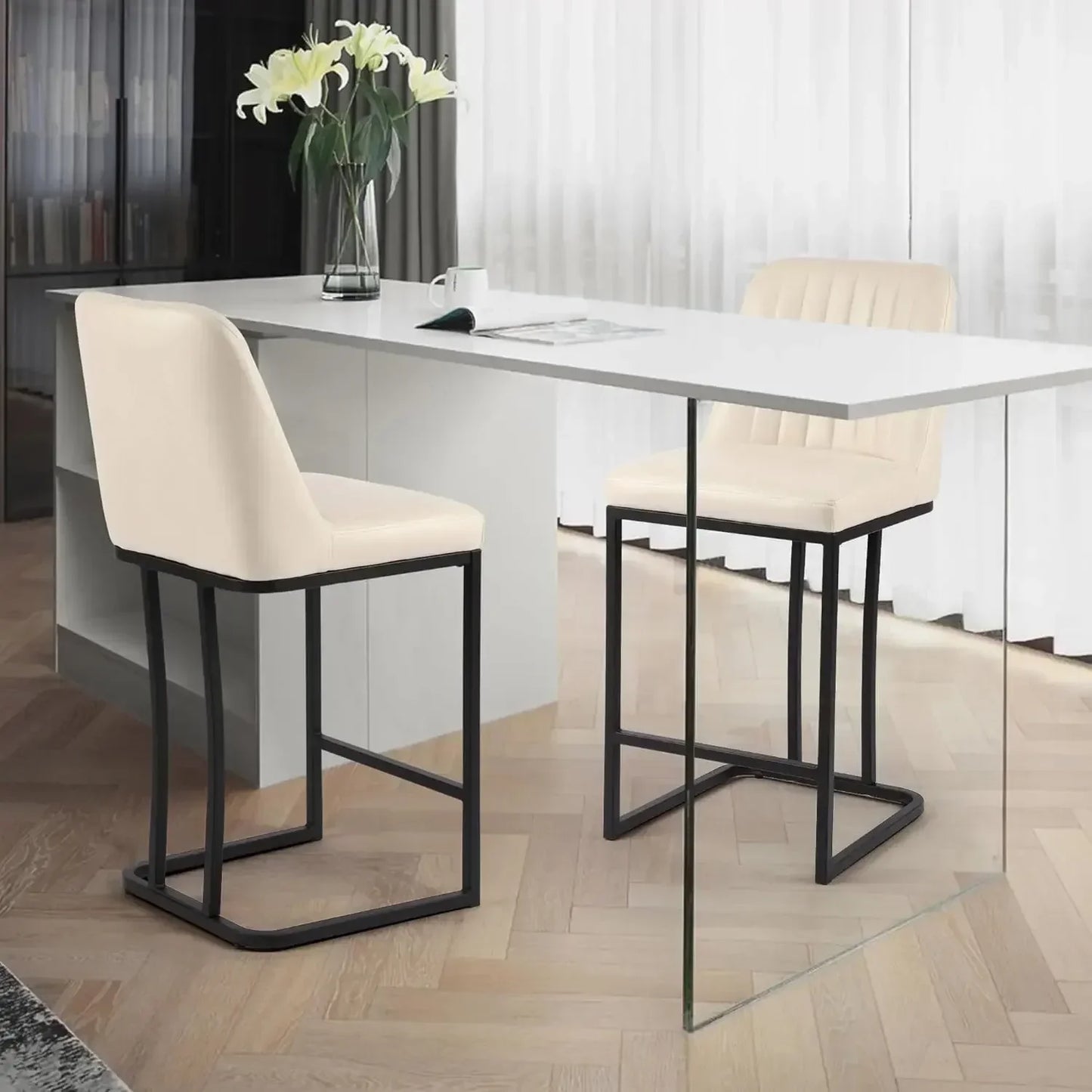 Upholstered Fabric Counter Height Bar Stools w/Footrest & Metal Legs