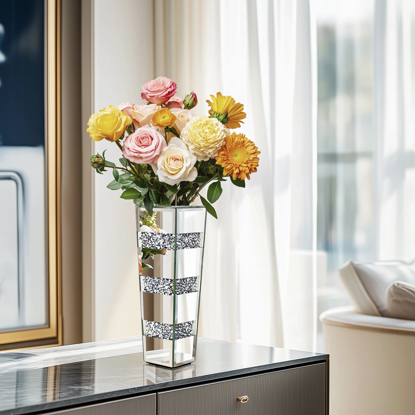 Crushed Diamond Glass Tall Floor Mirror Vase