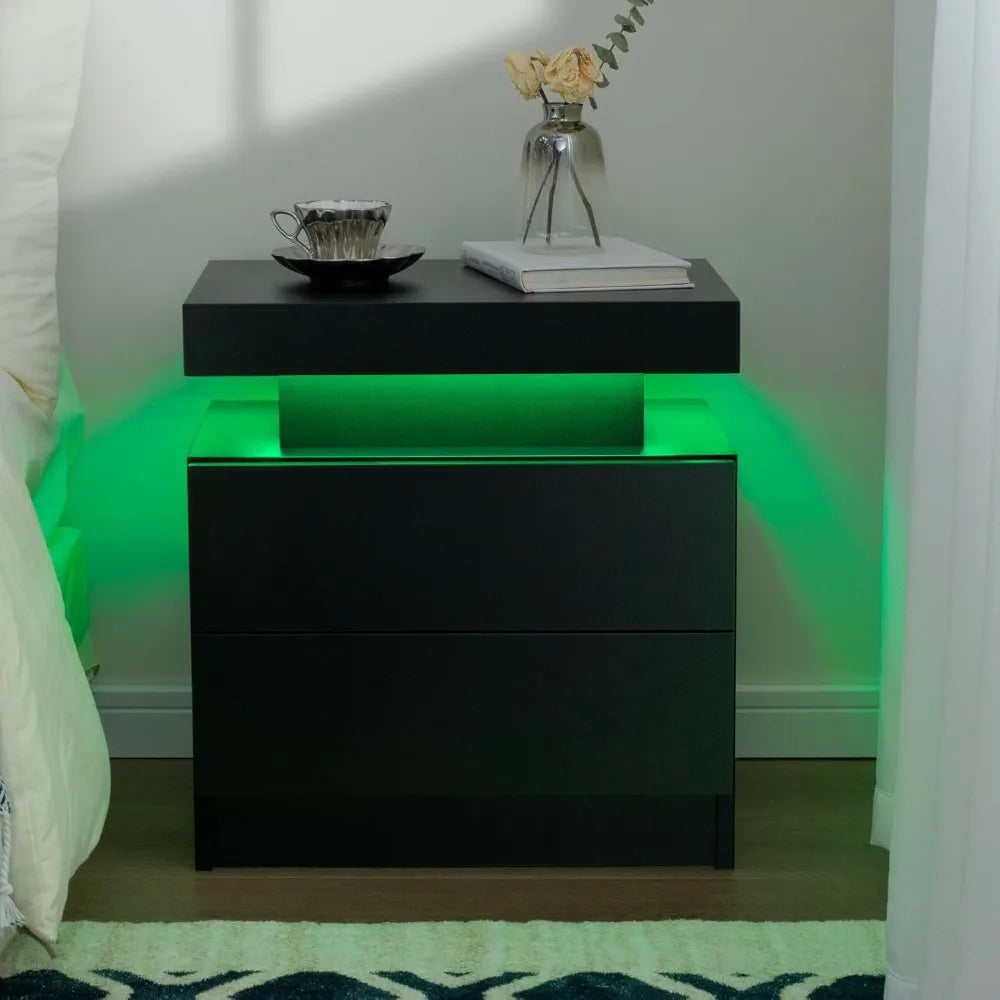 Set of 2 Black Bedside Nightstands with LED Lights