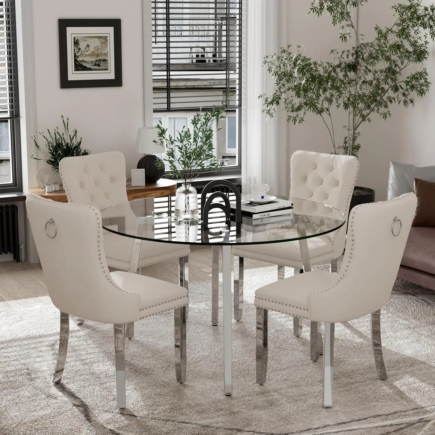 Elegant Circular Glass Top Dining Set for 4
