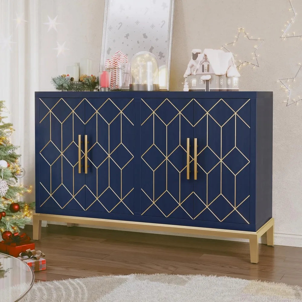 Accent Sideboard Cabinet with Gold Trim 4 Doors and Shelves