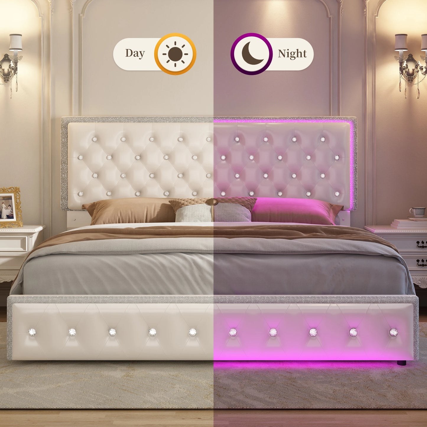 Tufted Crystal Button Headboard & Footboard, Side Pockets with Storage Platform
