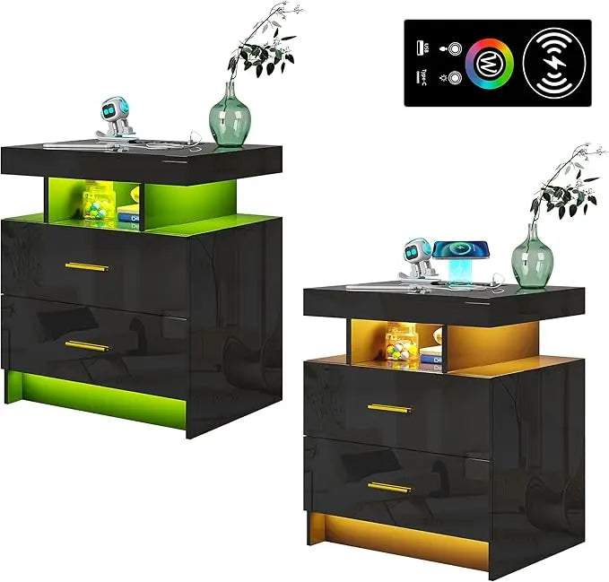 High Gloss Nightstand with USB/Wireless Charging Station (Set of 2)