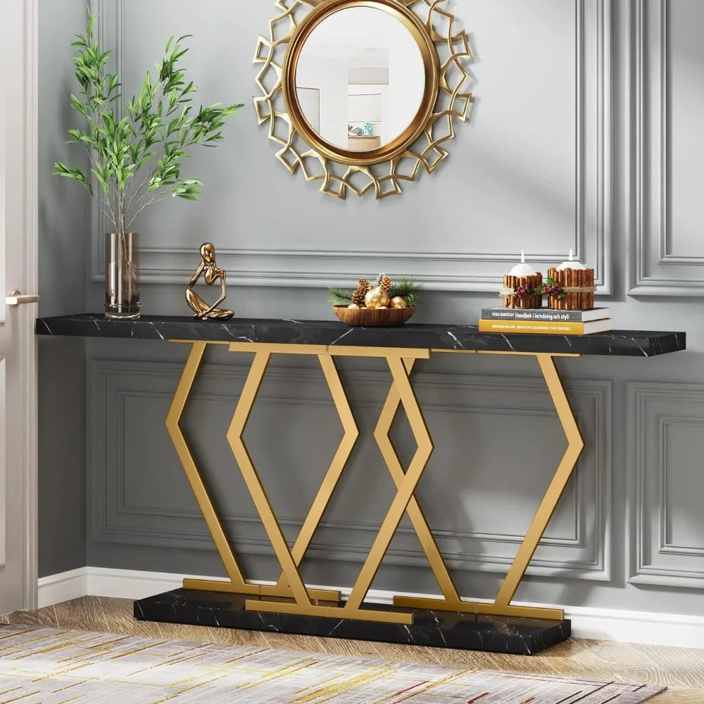 Black & Gold Faux Marble Table Top Sofa Table