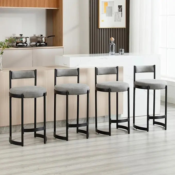 Boucle Upholstered Barrel Bar Stools w/Backrest Black Metal Frame (Set of 4)