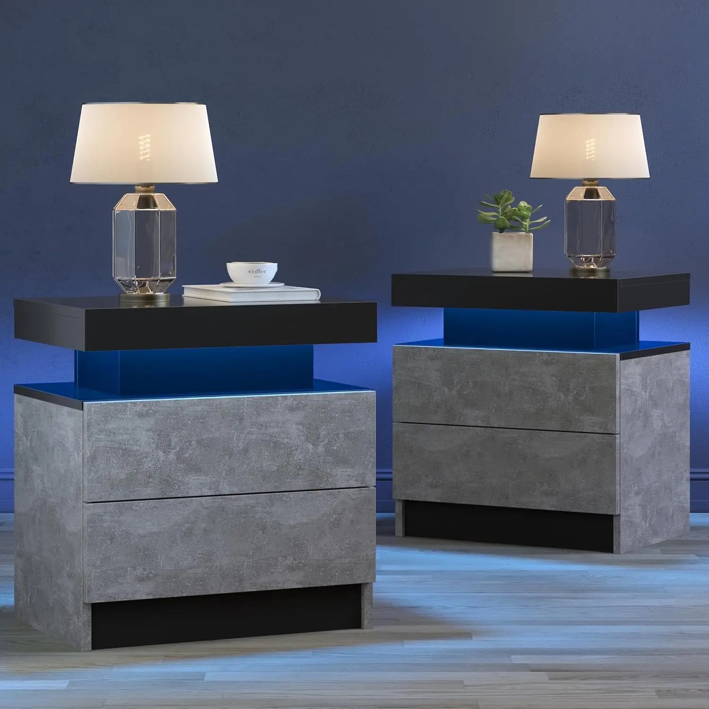 Set of 2 Black Bedside Nightstands with LED Lights