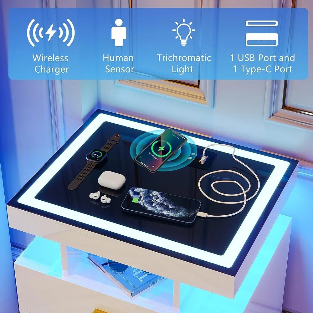 2 Set Smart Nightstands with Wireless Charging Station with Dimmable Light