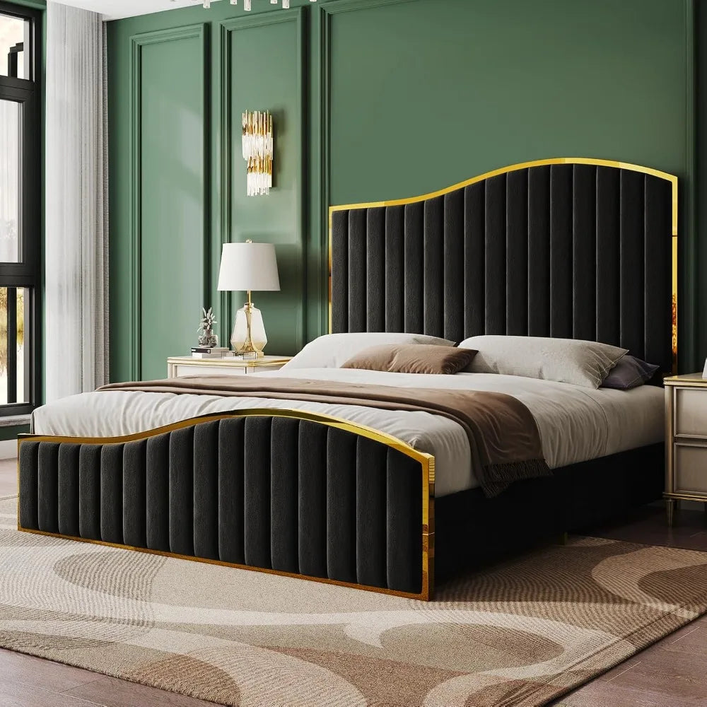 61.4" High Queen SizeHeadboard Platform Bed with Velvet Upholstry with Gold Trim , Bedroom Queen Bed Frame
