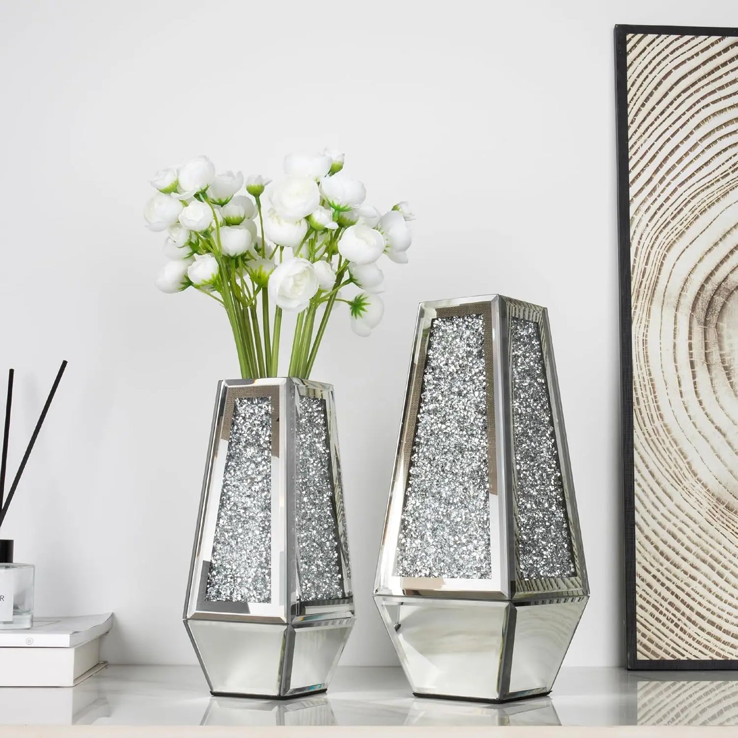 Silver Crushed Diamond Mirrored Vases (Set Of 2)