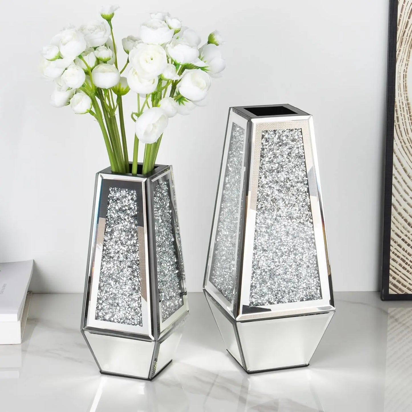 Silver Crushed Diamond Mirrored Vases (Set Of 2)