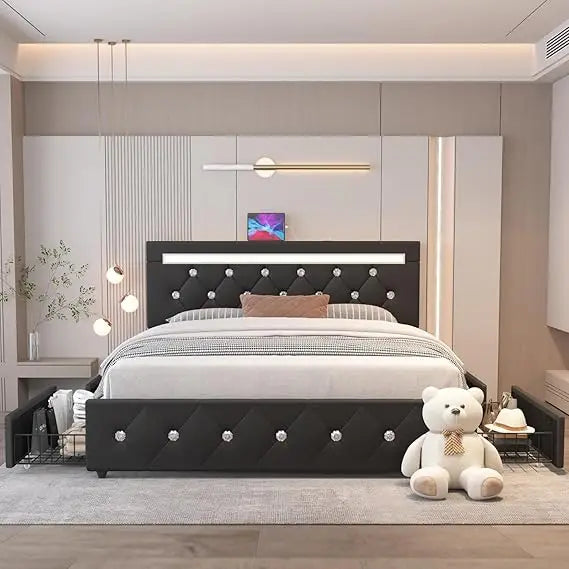 Full Size Bed Frame with 4 Drawers and LED Lighting
