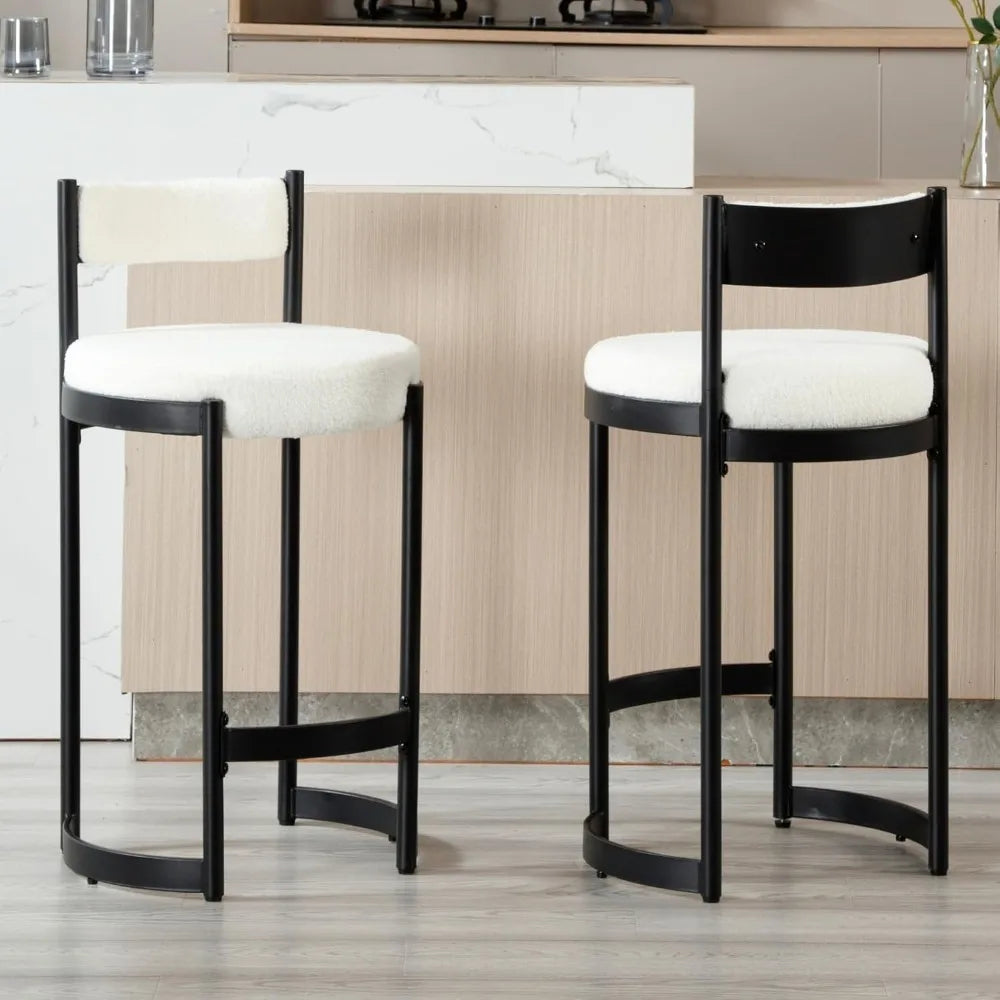 Boucle Upholstered Barrel Bar Stools w/Backrest Black Metal Frame (Set of 4)