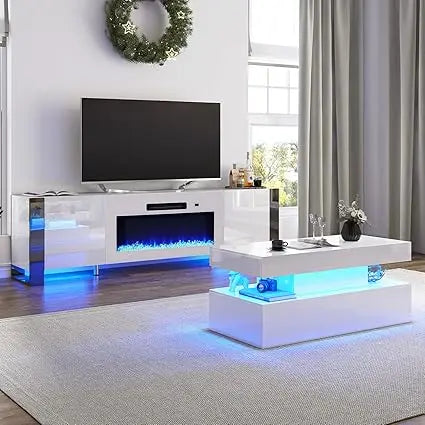80" LED TV Stand w/40" Electric Fireplace & High Gloss Coffee Table (Set of 3)