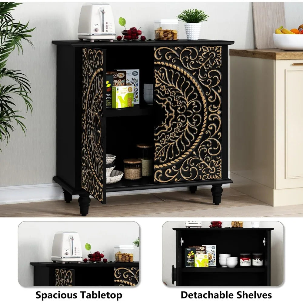 2-Door Decorative Storage Cabinet w/Carved Flower Pattern