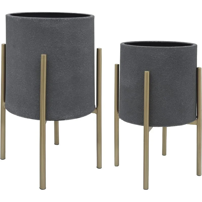 Dark Gray and Gold Metal Planter Pot Stands (Set of 2)