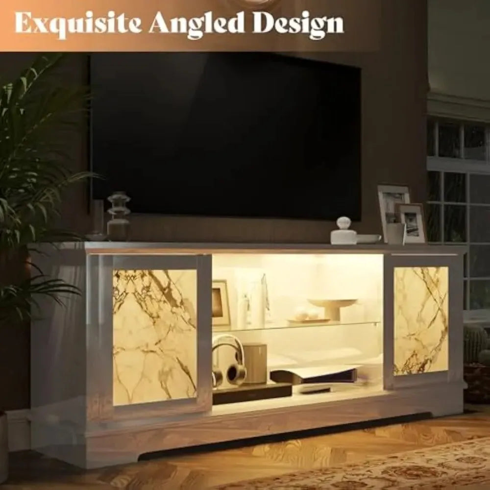 Luxury 63" High Gloss Entertainment Center w/ LED Lights & Pine Legs