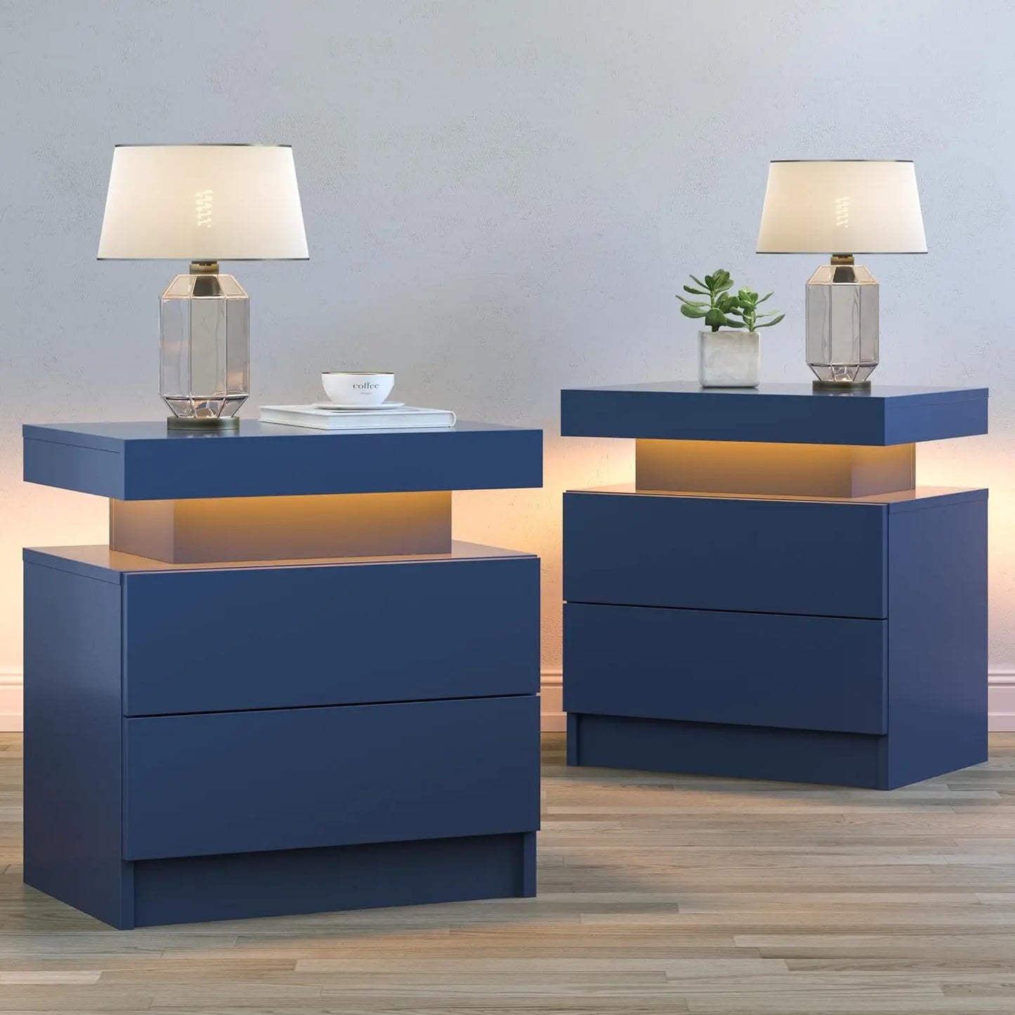 Set of 2 Black Bedside Nightstands with LED Lights