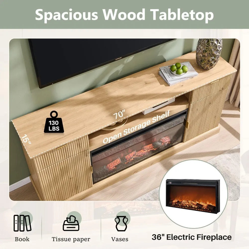 Fluted Wood Fireplace TV Stand Entertainment Center with Adjustable Shelves