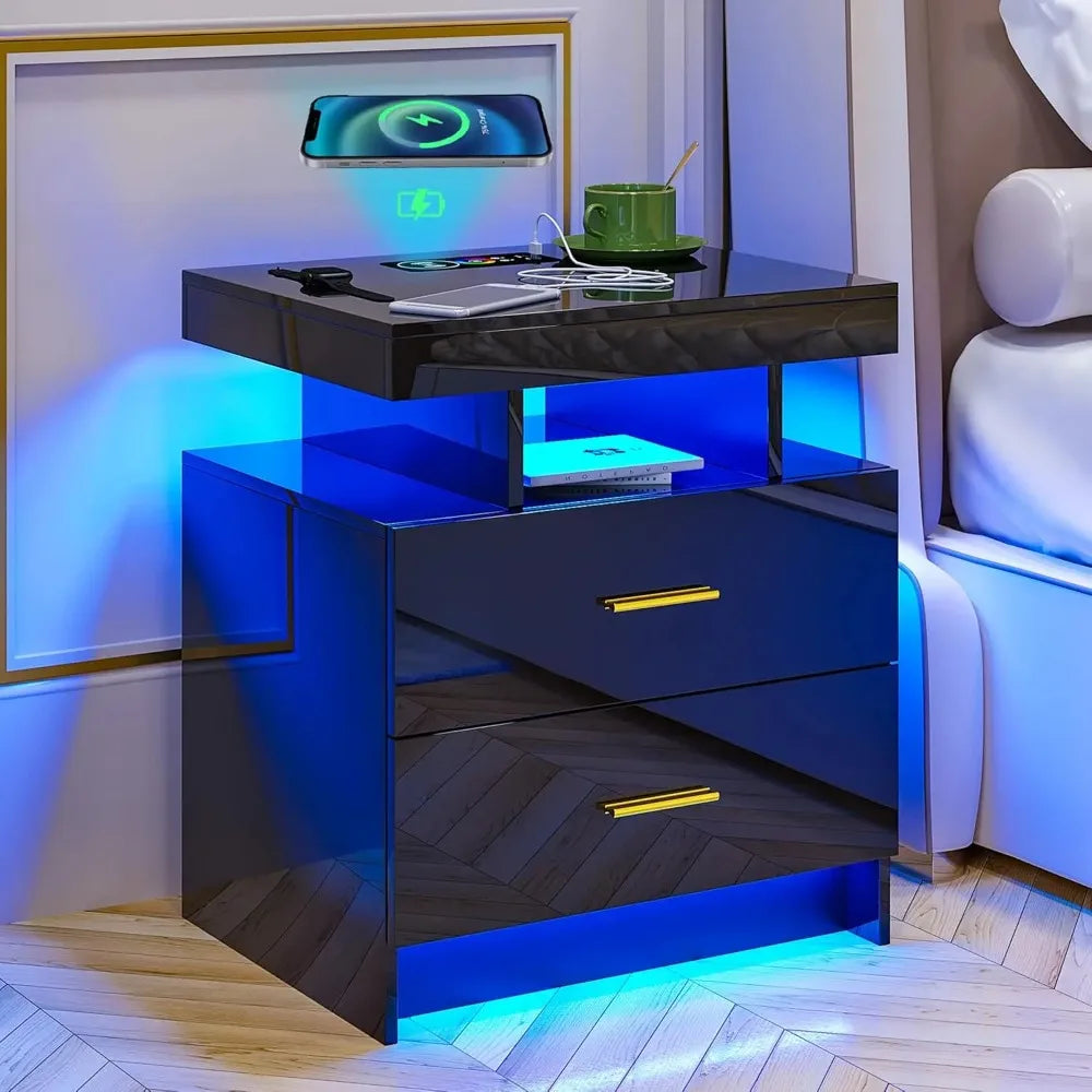High Gloss Nightstand with USB/Wireless Charging Station (Set of 2)