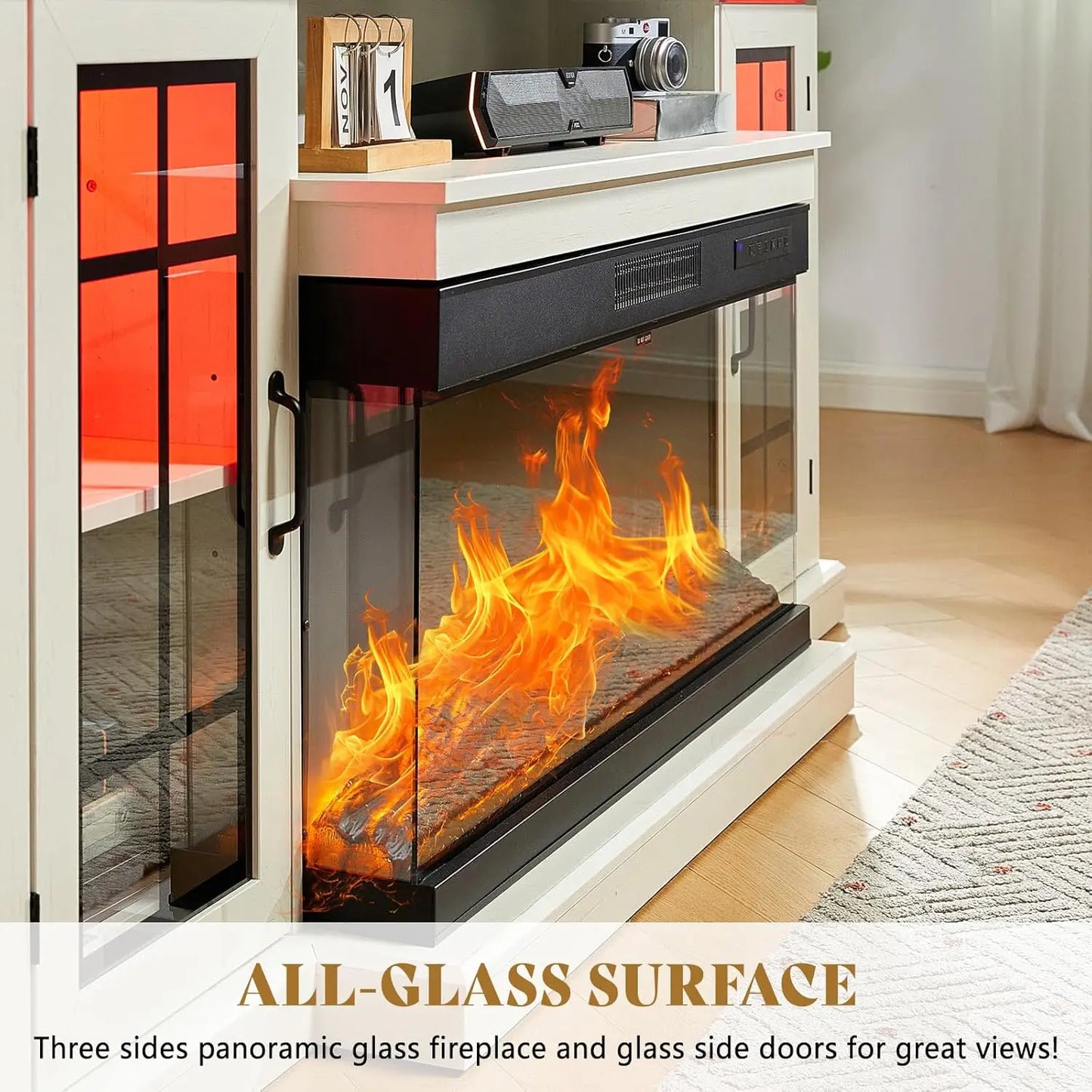 75" Rustic Fireplace TV Stand w/ 3-Side Glass & LED Lights