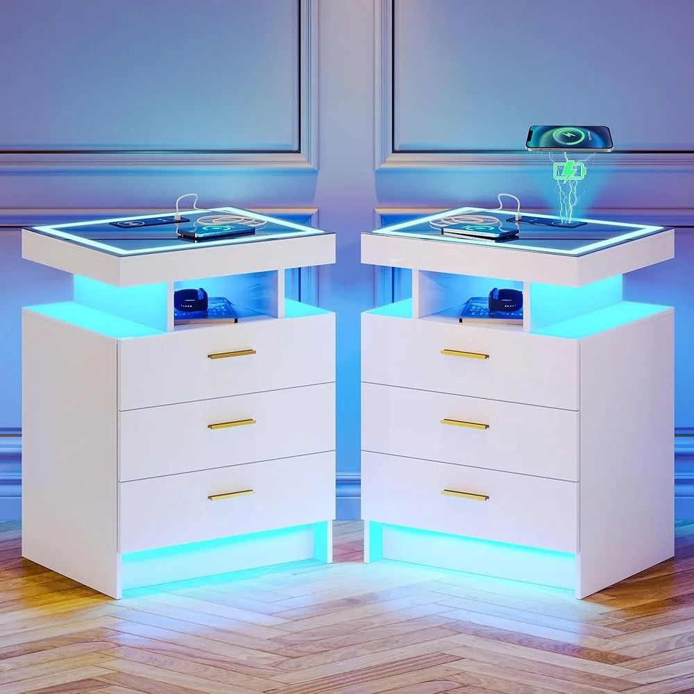 2 Set Smart Nightstands with Wireless Charging Station with Dimmable Light