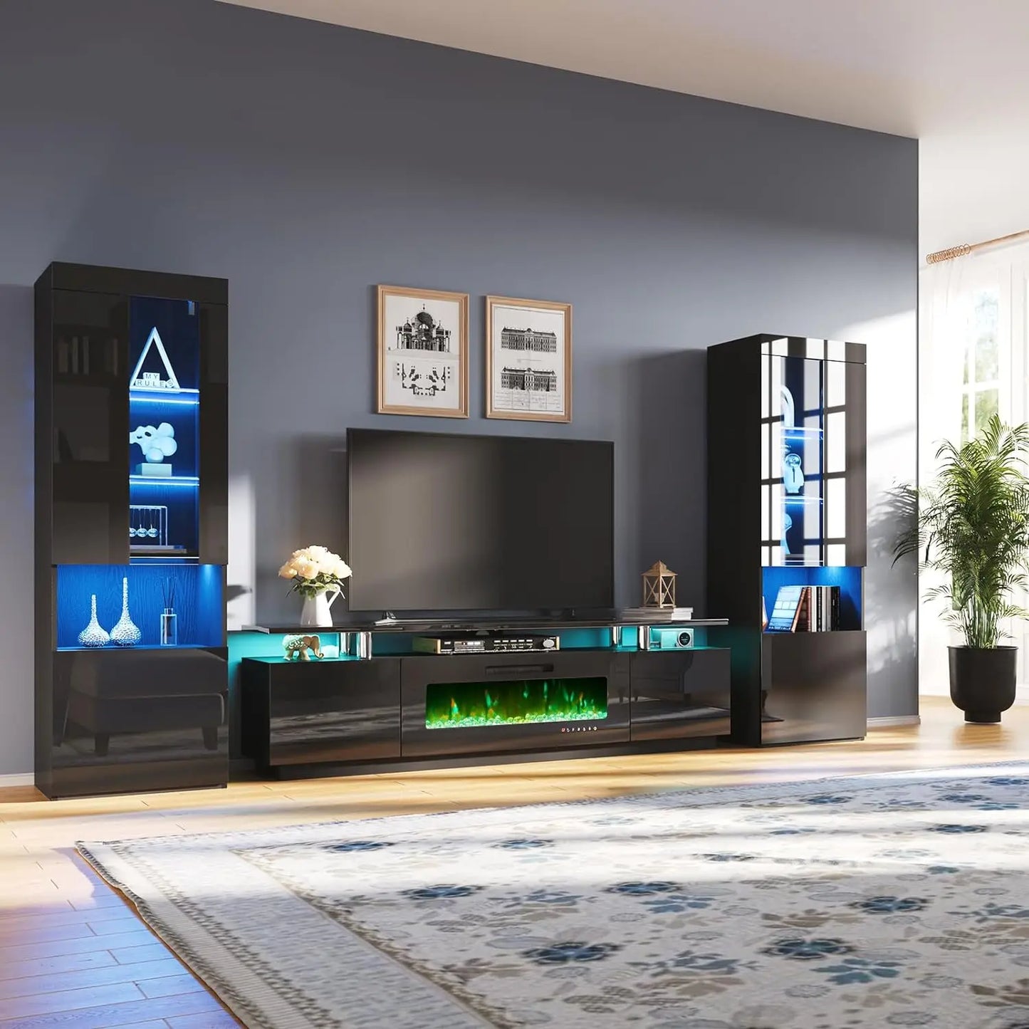 80" 2-Tier FireplaceTV with 2 High Gloss Bookshelves LED Lights & Glass Doors