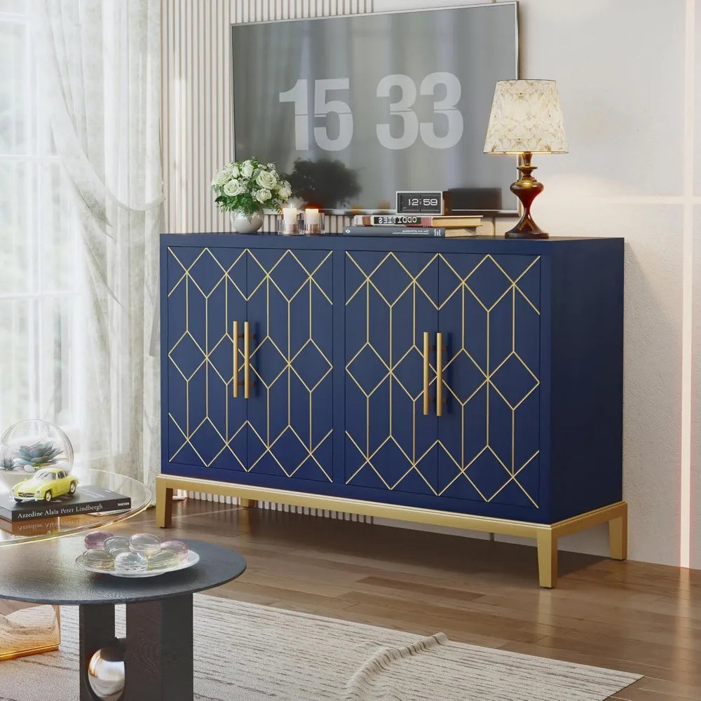 Accent Sideboard Cabinet with Gold Trim 4 Doors and Shelves