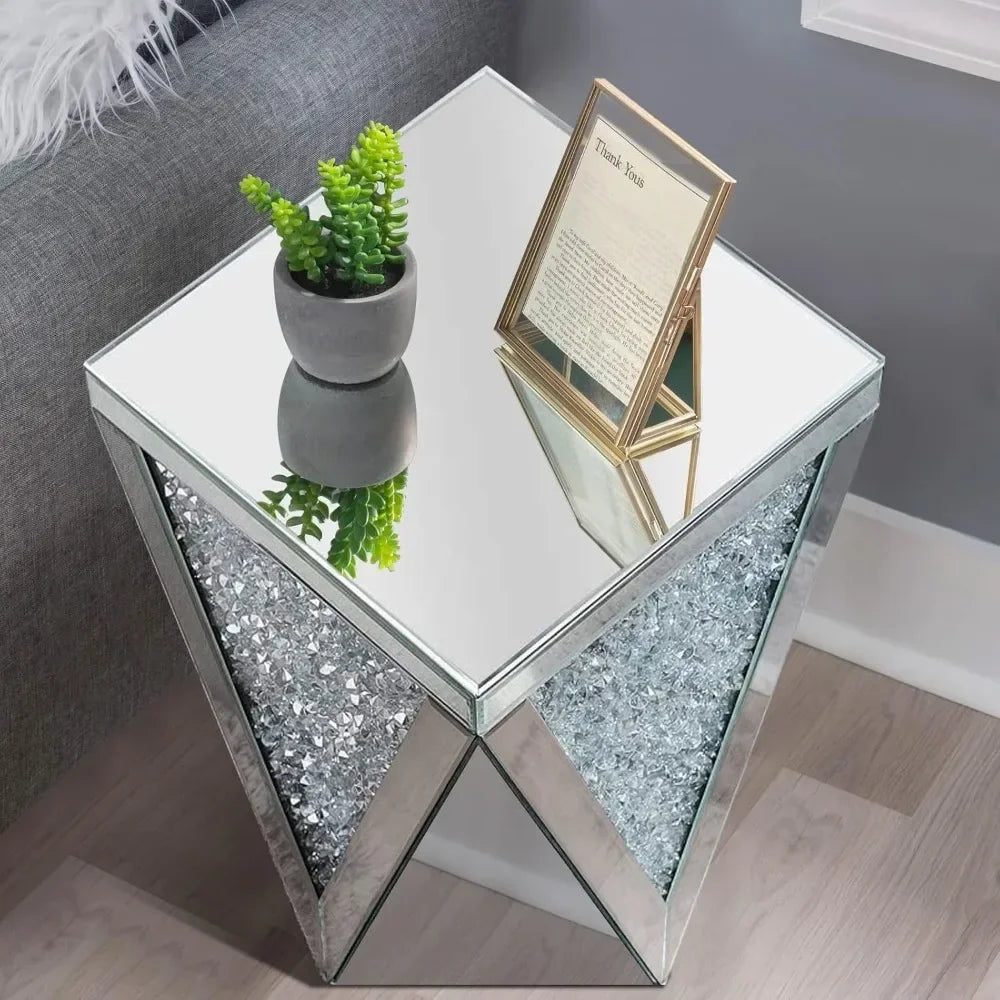 Silver Accent Mirror End Table with Crystal Inlay