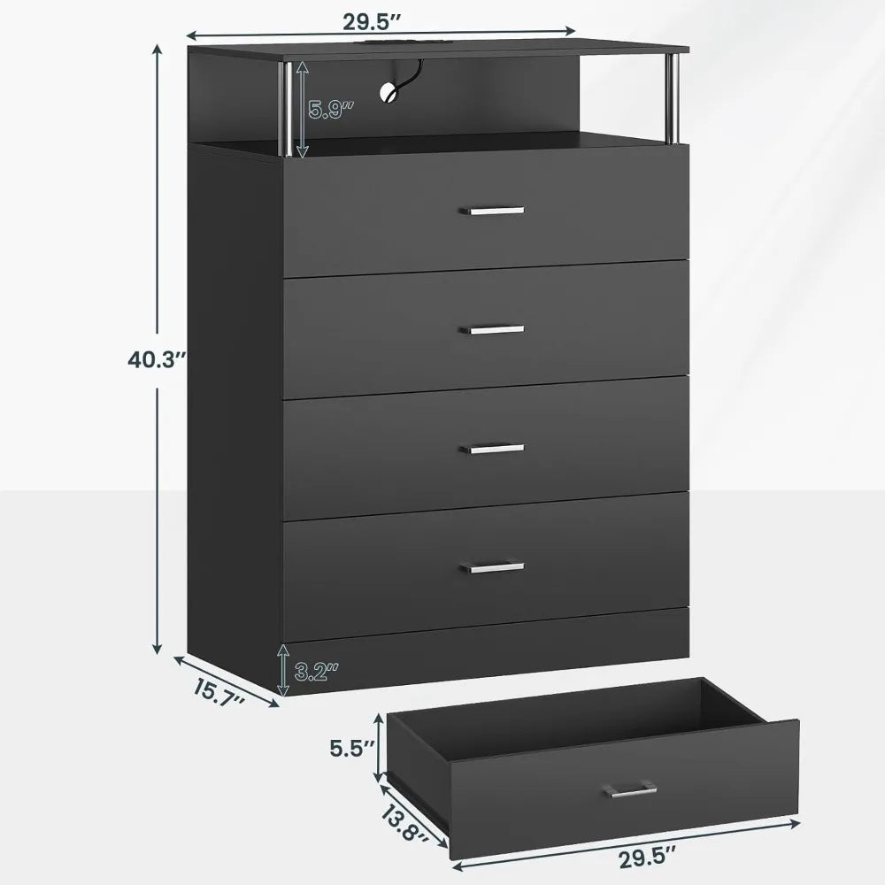 LED Tall Black 4 Drawer Dresser with Charging Station