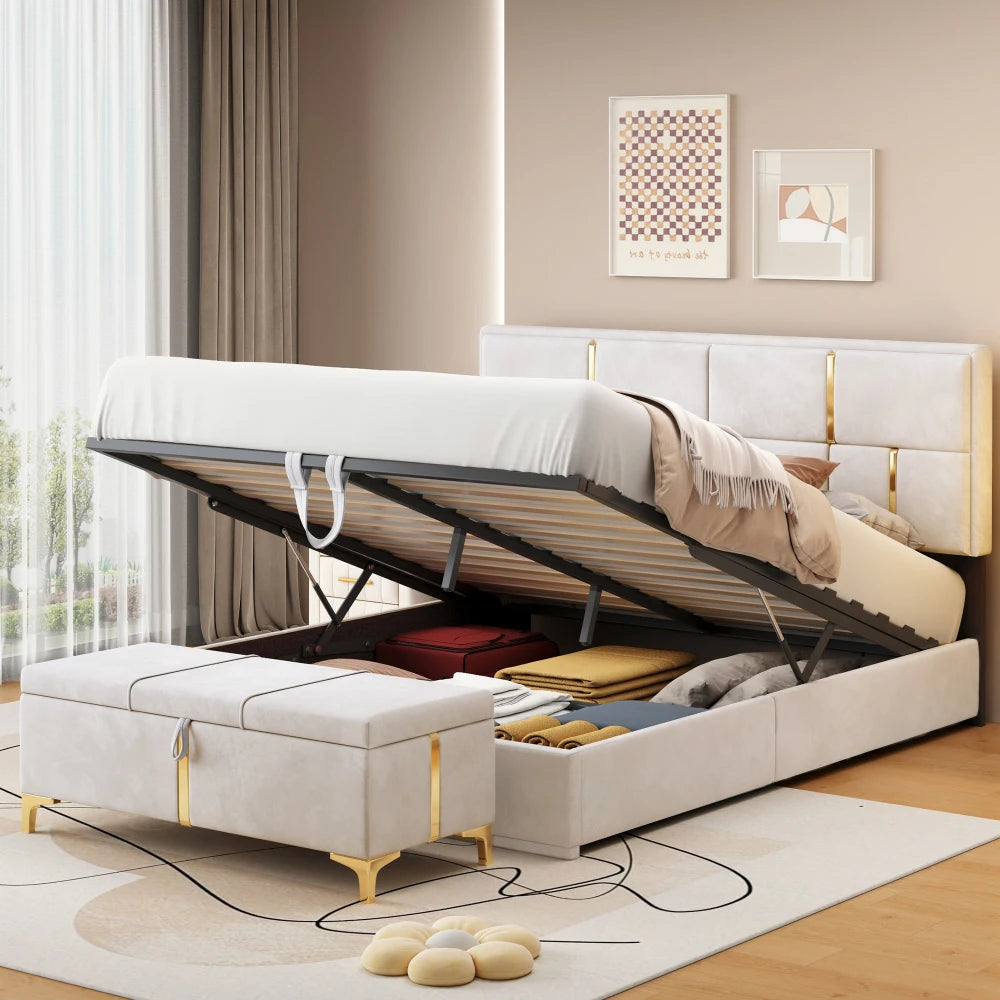 Queen Size Upholstered Platform Bed with Ottoman