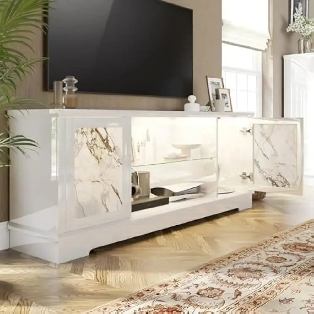 Luxury 63" High Gloss Entertainment Center w/ LED Lights & Pine Legs