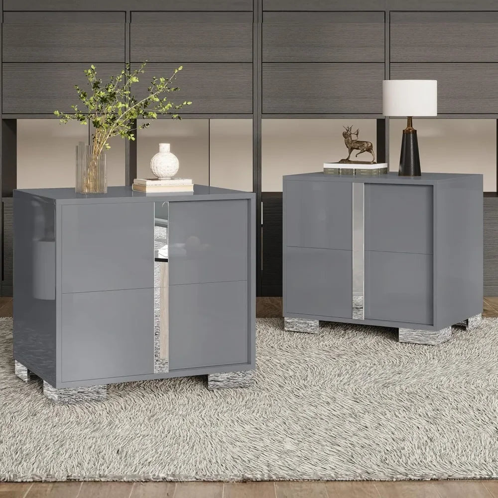 Set of 2 - 23.6" End Tables w/ Drawers, High Gloss UV Finish