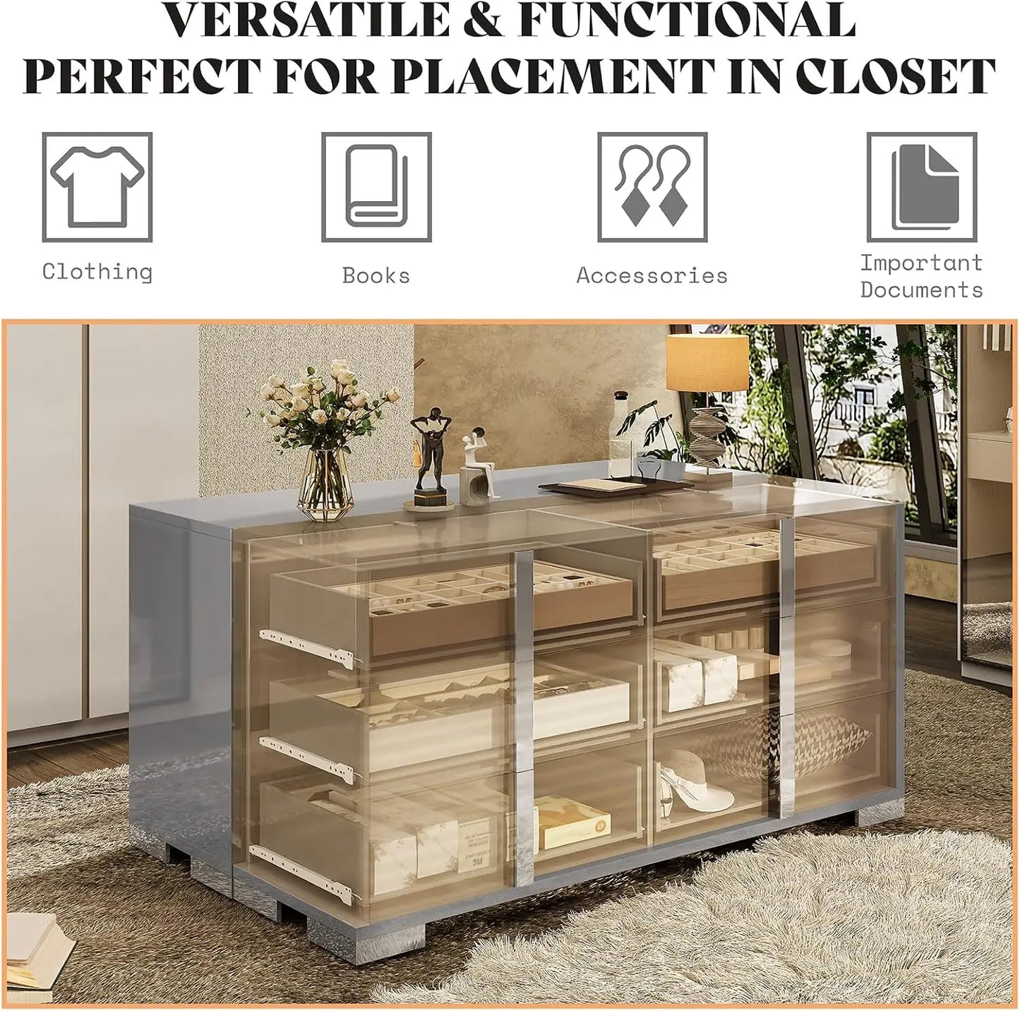Elegant 54" W High Gloss 6 Drawers Dressers with Silver Grooved Handles