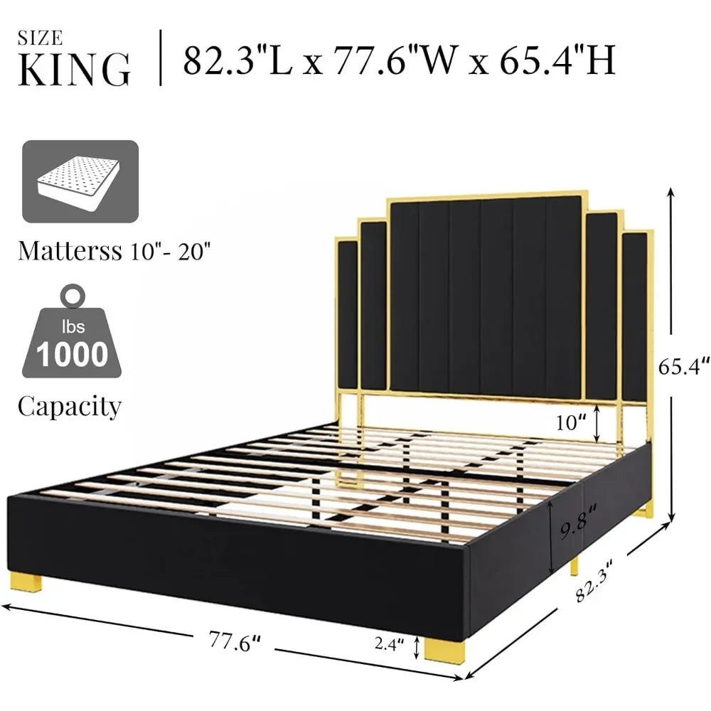 66in. Velvet Upholstered Bed with Gold Trim Headboard & Wooden Slats